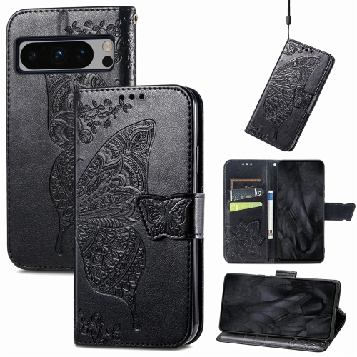 

For Google Pixel 8 Pro Butterfly Love Flower Embossed Leather Phone Case(Black)