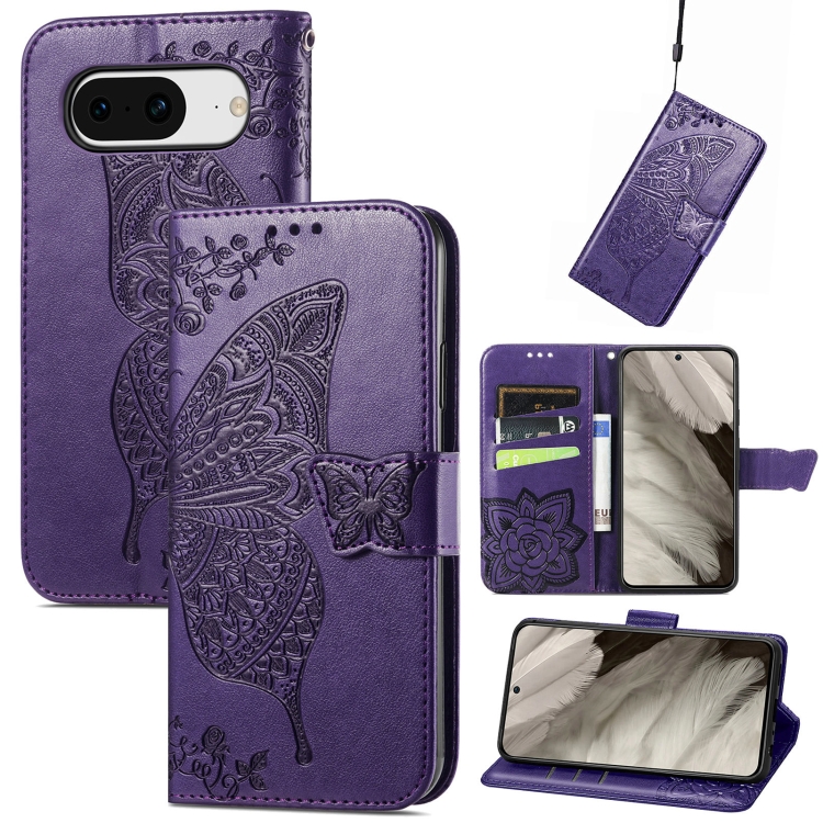 

For Google Pixel 8 Butterfly Love Flower Embossed Leather Phone Case(Dark Purple)