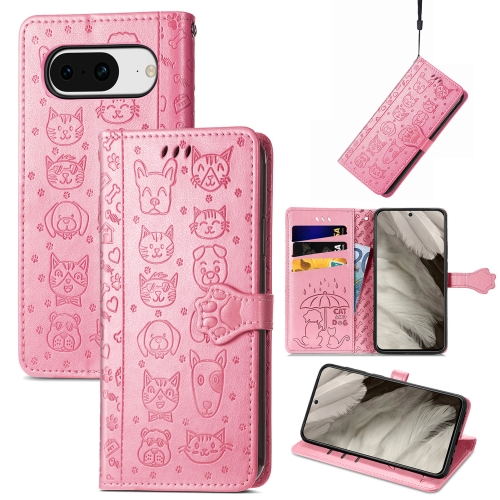 

For Google Pixel 8 Cute Cat and Dog Embossed Leather Phone Case(Pink)