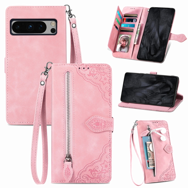 

For Google Pixel 8 Pro Embossed Flower Zipper Leather Phone Case(Pink)