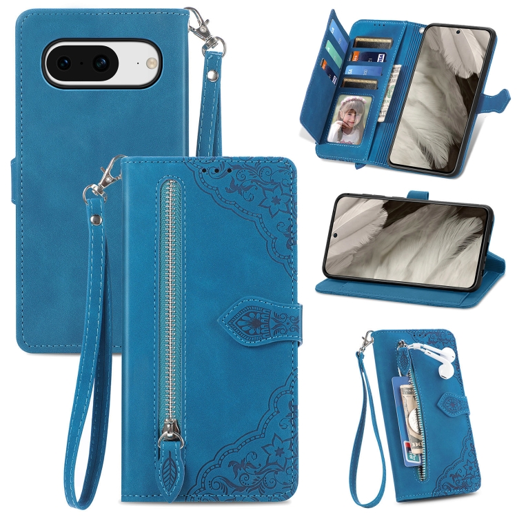 

For Google Pixel 8 Embossed Flower Zipper Leather Phone Case(Blue)