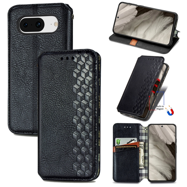 

For Google Pixel 8 Cubic Grid Pressed Magnetic Leather Phone Case(Black)