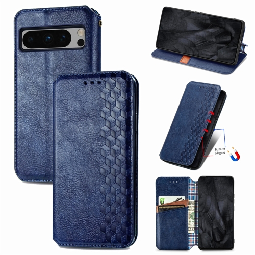 

For Google Pixel 8 Pro Cubic Grid Pressed Magnetic Leather Phone Case(Blue)