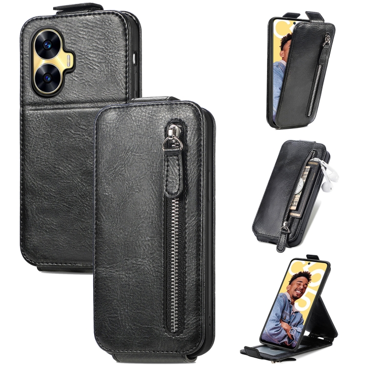 

For Realme C55 Zipper Wallet Vertical Flip Leather Phone Case(Black)