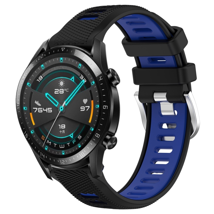 สำหรับ Huawei Watch GT2 42mm 20mm Sports  สายนาฬิกาซิลิโคนหัวเข็มขัดเหล็กสองสี (สีดำ น้ำเงิน)