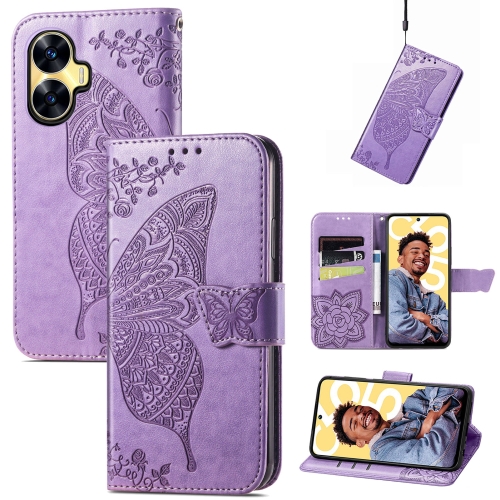 

For Realme C55 Butterfly Love Flower Embossed Leather Phone Case(Lavender)