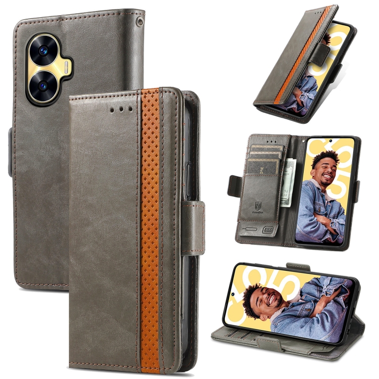 

For Realme C55 CaseNeo Splicing Dual Magnetic Buckle Leather Phone Case(Gray)