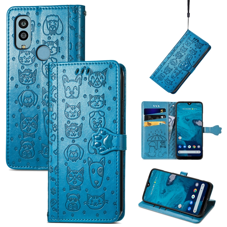 

For Kyocera Android One S10 Cat and Dog Embossed Phone Leather Phone Case(Blue)