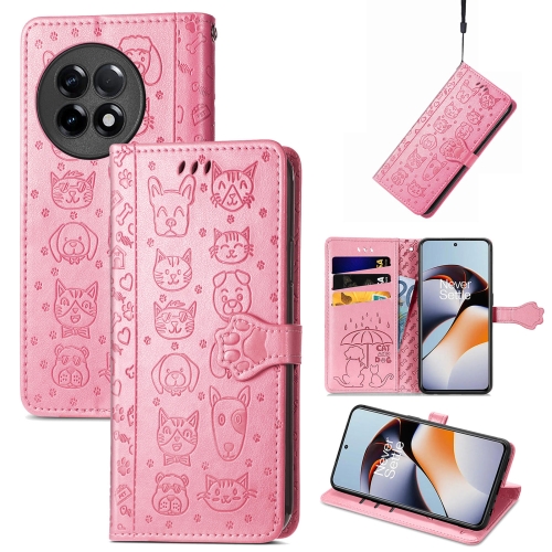

For OnePlus Ace 2 Cat and Dog Embossed Phone Leather Phone Case(Pink)