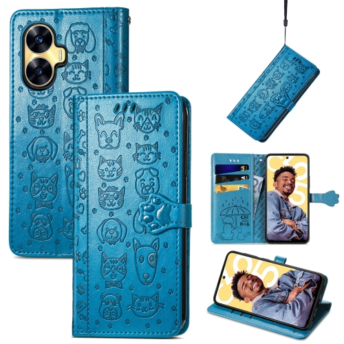 

For Realme C55 Cat and Dog Embossed Phone Leather Phone Case(Blue)