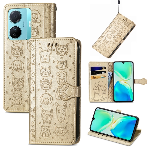 

For vivo S15e Cat and Dog Embossed Phone Leather Phone Case(Gold)