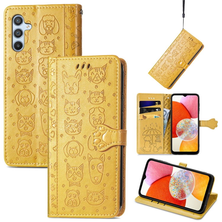 

For Samsung Galaxy A14 4G Cat and Dog Embossed Phone Leather Phone Case(Yellow)