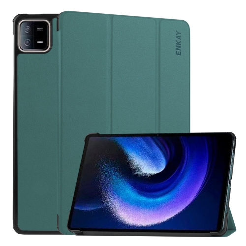 

For Xiaomi Pad 6 / Pad 6 Pro ENKAY Tri-fold Custer Texture Leather Stand Smart Case(Dark Green)