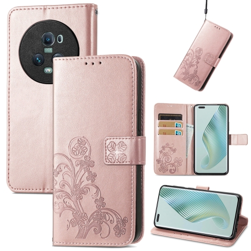 

For Honor Magic5 Pro Four-leaf Clasp Embossed Buckle Leather Phone Case(Rose Gold)