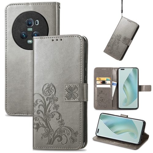 

For Honor Magic5 Pro Four-leaf Clasp Embossed Buckle Leather Phone Case(Gray)