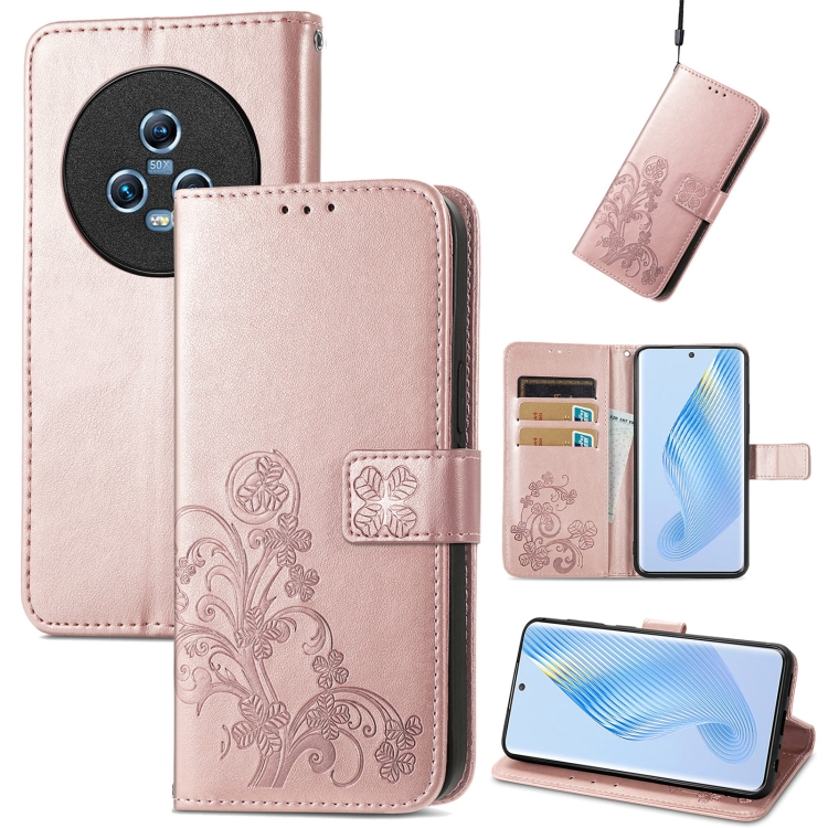 

For Honor Magic5 Four-leaf Clasp Embossed Buckle Leather Phone Case(Rose Gold)