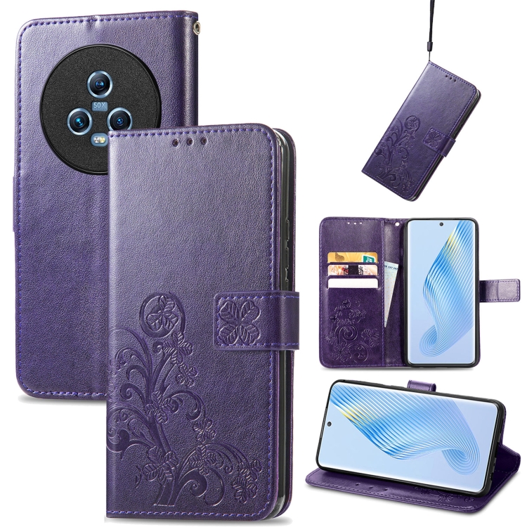 

For Honor Magic5 Four-leaf Clasp Embossed Buckle Leather Phone Case(Purple)