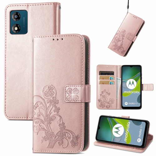 

For Motorola Moto E13 Four-leaf Clasp Embossed Buckle Leather Phone Case(Rose Gold)