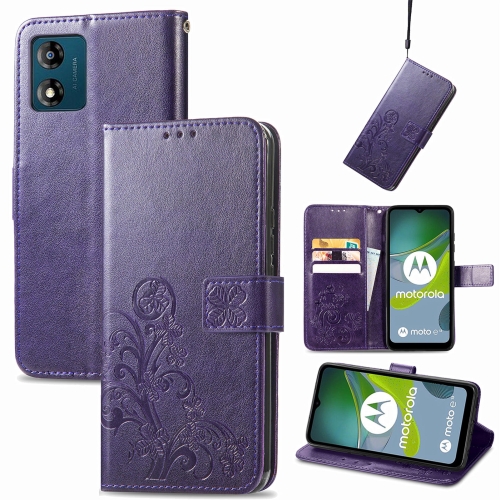 

For Motorola Moto E13 Four-leaf Clasp Embossed Buckle Leather Phone Case(Purple)