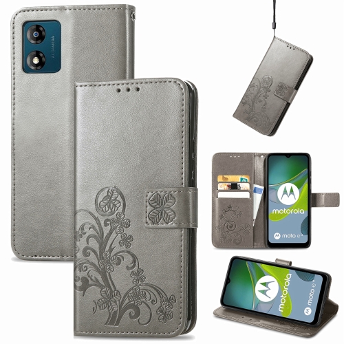 

For Motorola Moto E13 Four-leaf Clasp Embossed Buckle Leather Phone Case(Gray)