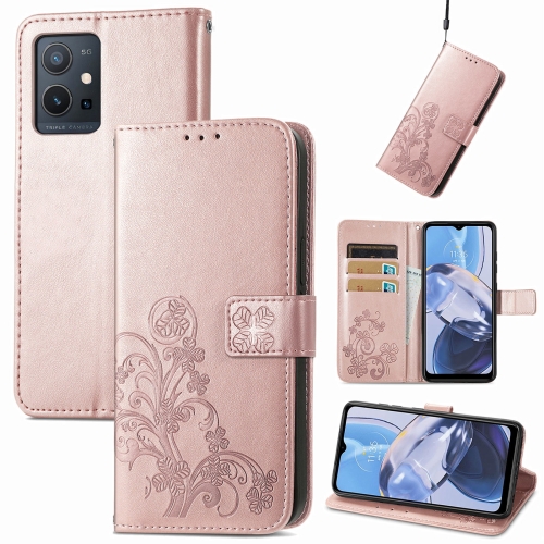 

For Motorola Moto E22 4G Four-leaf Clasp Embossed Buckle Leather Phone Case(Rose Gold)