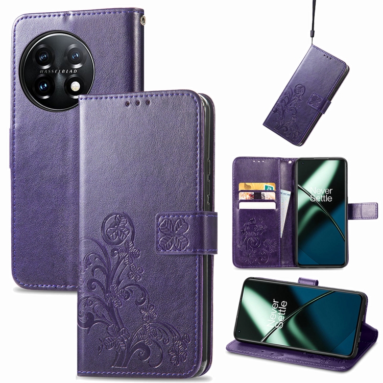 

For OnePlus 11 Four-leaf Clasp Embossed Buckle Leather Phone Case(Purple)