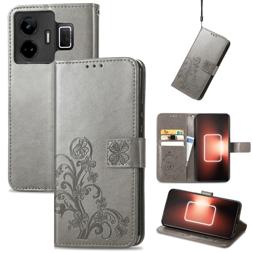 

For Realme GT Neo 5 Four-leaf Clasp Embossed Buckle Leather Phone Case(Gray)