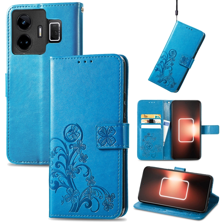 

For Realme GT Neo 5 Four-leaf Clasp Embossed Buckle Leather Phone Case(Blue)
