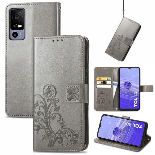 

For TCL 40R Four-leaf Clasp Embossed Buckle Leather Phone Case(Gray)