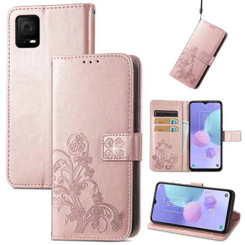 

For TCL 405 Four-leaf Clasp Embossed Buckle Leather Phone Case(Rose Gold)
