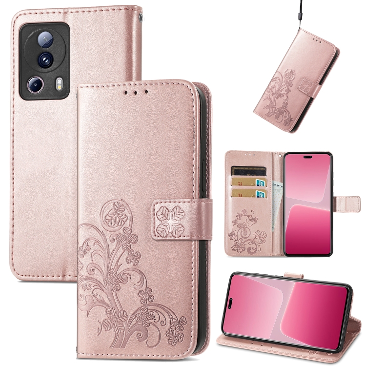 

For Xiaomi 13 Lite Four-leaf Clasp Embossed Buckle Leather Phone Case(Rose Gold)