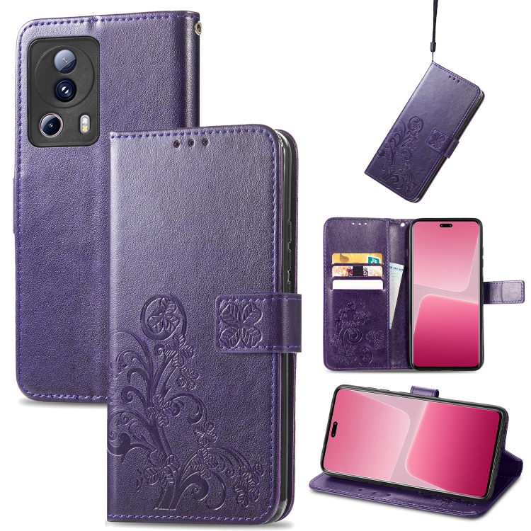 

For Xiaomi 13 Lite Four-leaf Clasp Embossed Buckle Leather Phone Case(Purple)