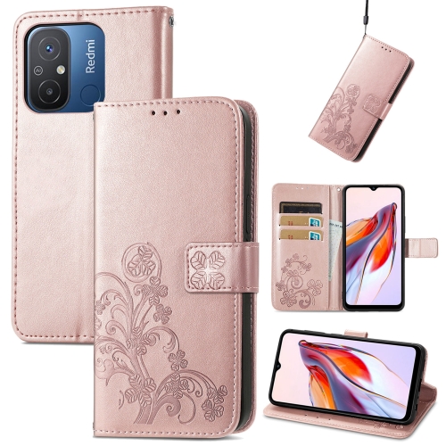 

For Xiaomi Redmi 12C Four-leaf Clasp Embossed Buckle Leather Phone Case(Rose Gold)