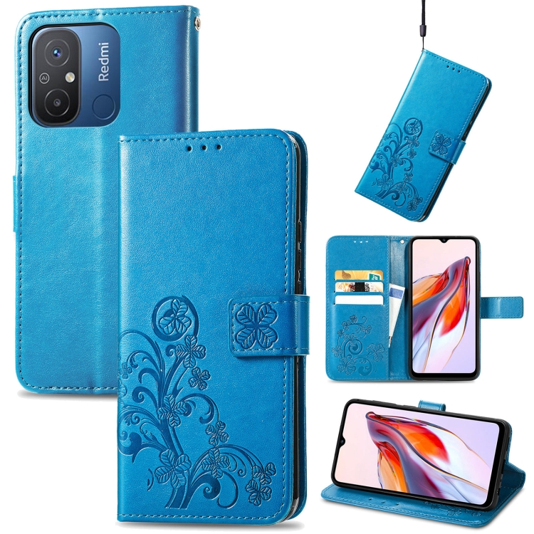 

For Xiaomi Redmi 12C Four-leaf Clasp Embossed Buckle Leather Phone Case(Blue)