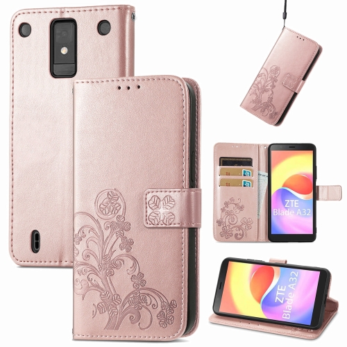 

For ZTE Blade A32 Four-leaf Clasp Embossed Buckle Leather Phone Case(Rose Gold)