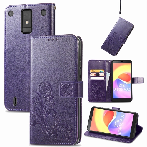 

For ZTE Blade A32 Four-leaf Clasp Embossed Buckle Leather Phone Case(Purple)