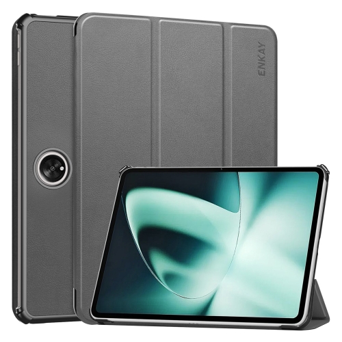 

For OnePlus Pad / OPPO Pad 2 ENKAY Tri-fold Custer Texture Leather Stand Smart Case(Grey)