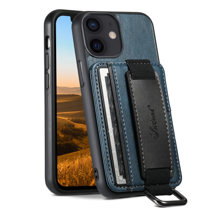 

For iPhone 12 mini Suteni H13 Card Wallet Wrist Strap Holder PU Phone Case(Blue)