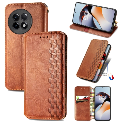 

For OnePlus Ace 2 Cubic Grid Pressed Magnetic Leather Phone Case(Brown)