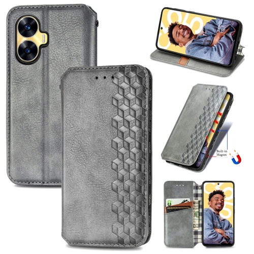 

For Realme C55 Cubic Grid Pressed Magnetic Leather Phone Case(Gray)