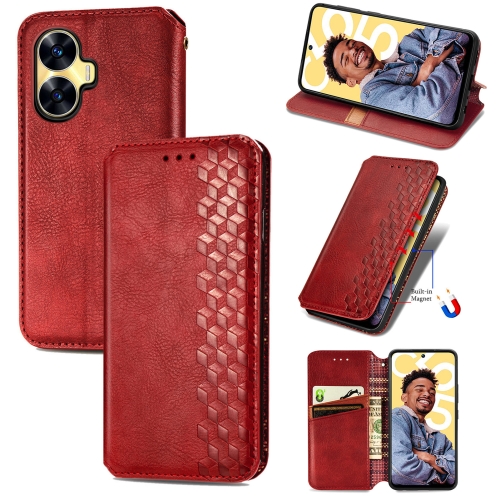 

For Realme C55 Cubic Grid Pressed Magnetic Leather Phone Case(Red)