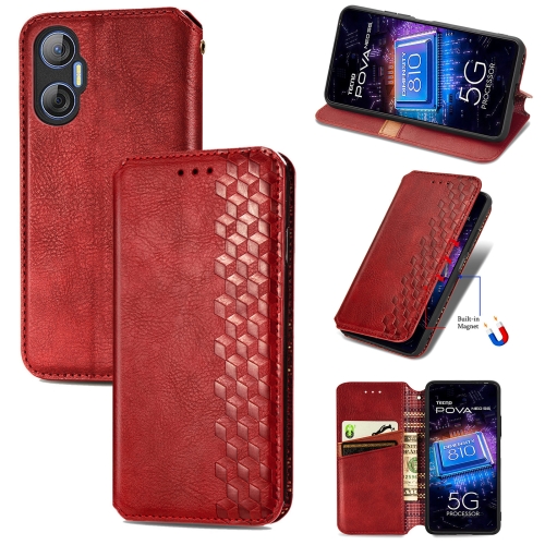 

For Tecno Pova Neo 5G Cubic Grid Pressed Magnetic Leather Phone Case(Red)