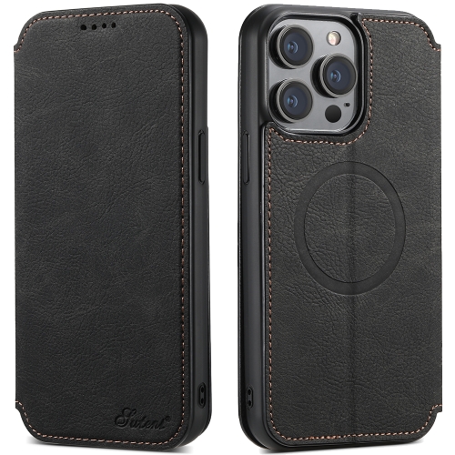 For iPhone 14 Pro Suteni J06 Retro Matte Litchi Texture Leather Magnetic Magsafe Phone Case(Black)