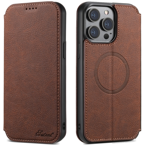 For iPhone 14 Plus Suteni J06 Retro Matte Litchi Texture Leather Magnetic Magsafe Phone Case(Brown)