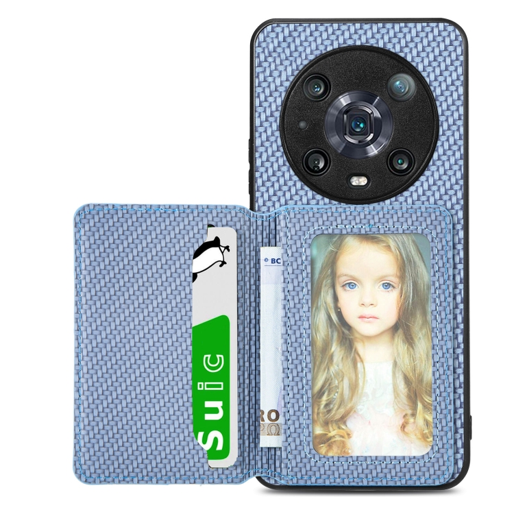 

For Honor 80 Carbon Fiber Magnetic Card Bag Phone Case(Blue)