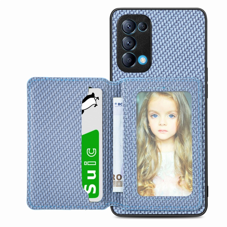

For OPPO Reno5 5G Carbon Fiber Magnetic Card Bag Phone Case(Blue)