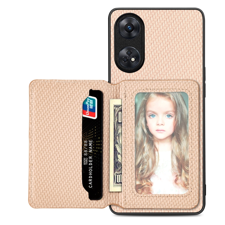 

For OPPO Reno8 T 4G Carbon Fiber Magnetic Card Bag Phone Case(Khaki)