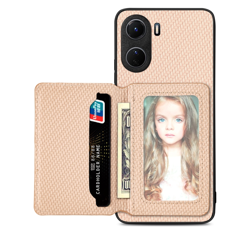 

For vivo Y16 Carbon Fiber Magnetic Card Bag Phone Case(Khaki)