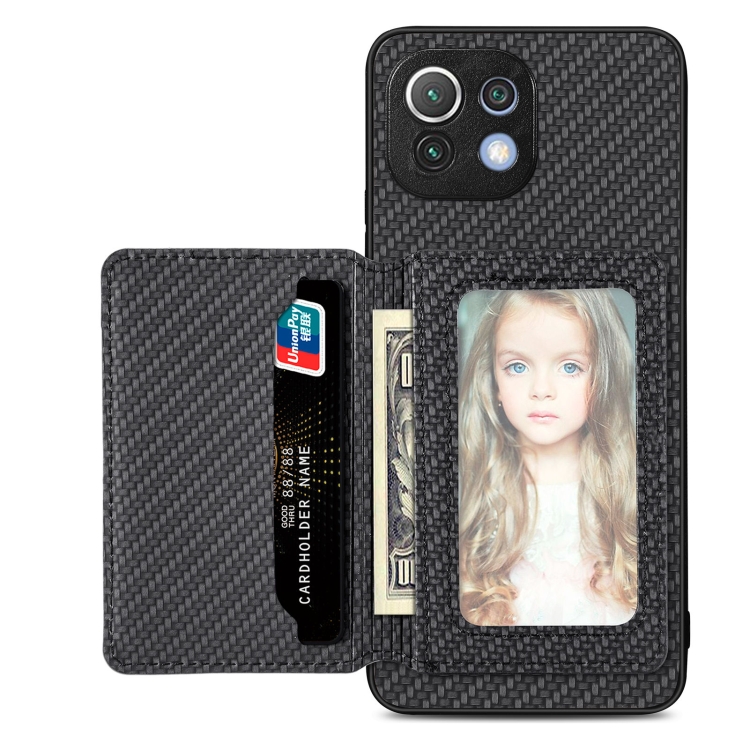 

For Xiaomi Mi 11 Lite Carbon Fiber Magnetic Card Bag Phone Case(Black)