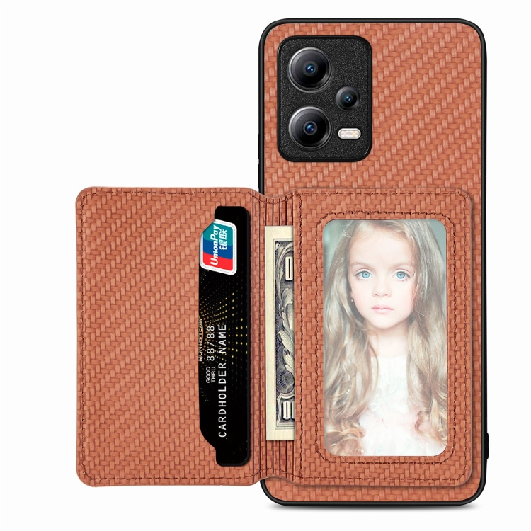 

For Xiaomi Redmi Note 12 Pro+ 5G Global Carbon Fiber Magnetic Card Bag Phone Case(Brown)